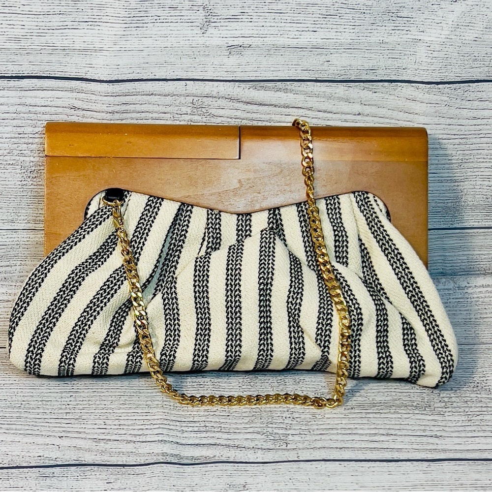 Antik Kraft Striped Crossbody Clutch with Wooden Clasp, Gold Chain